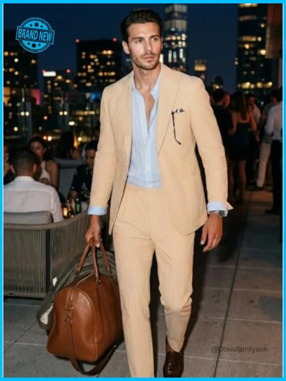 Seersucker Suit Set Slim Fit Formal Wedding Summer Groom Outfit Classic
